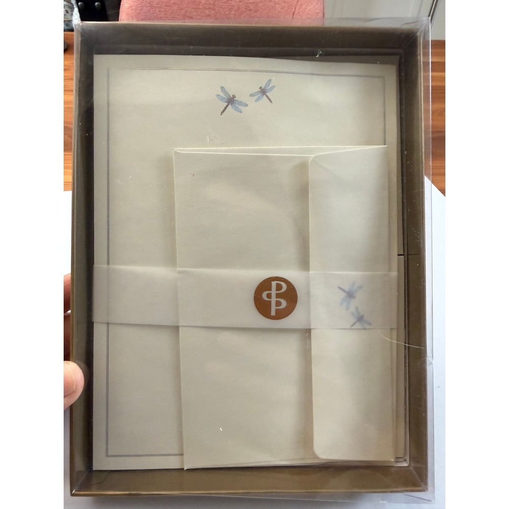 New Peter Pauper Press Stationery Set Cream Blue‎ Dragonfly Motif Gold Foil